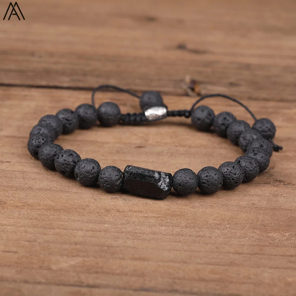 Natural Black Tourmaline 8mm Black Lava Stone Beads Cord Knotted Adjustable Bracelet Boho Women Mala Beads Bracelet N0384AMC.E