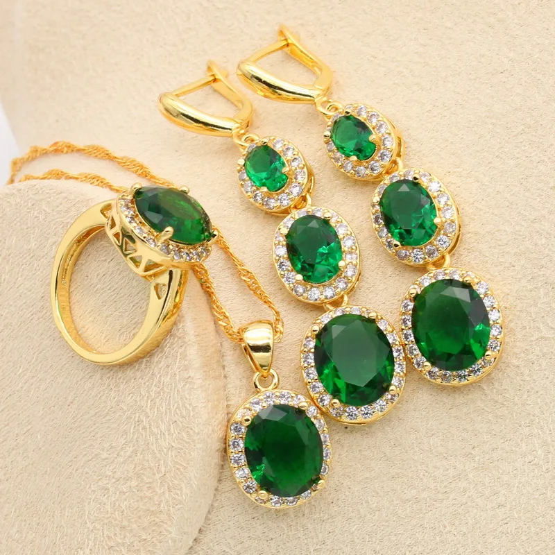 Green Topaz Gold Color Jewelry Sets For Women Bridal Necklace Earrings Open Ring Pendant Bracelets Wedding Jewelry Gift 4PCS