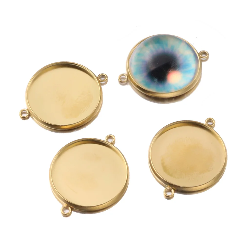 5pcs/lot  20mm Two Holes Hanging Stainless Steel 18K Gold Plating Cameo Cabochon Base Setting for DIY Connectors Jewelry Making