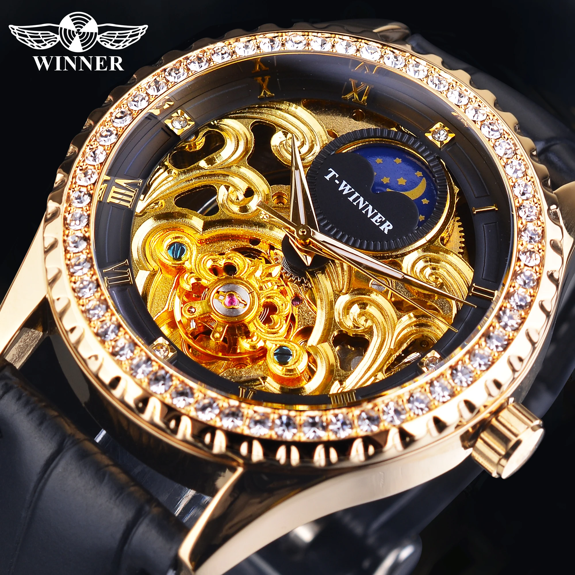 

Winner Skeleton Men Mechanical Watches Retro Automatic Tourbillon Wristwatch Luxury Diamond Design Moon Phase Leather Watch