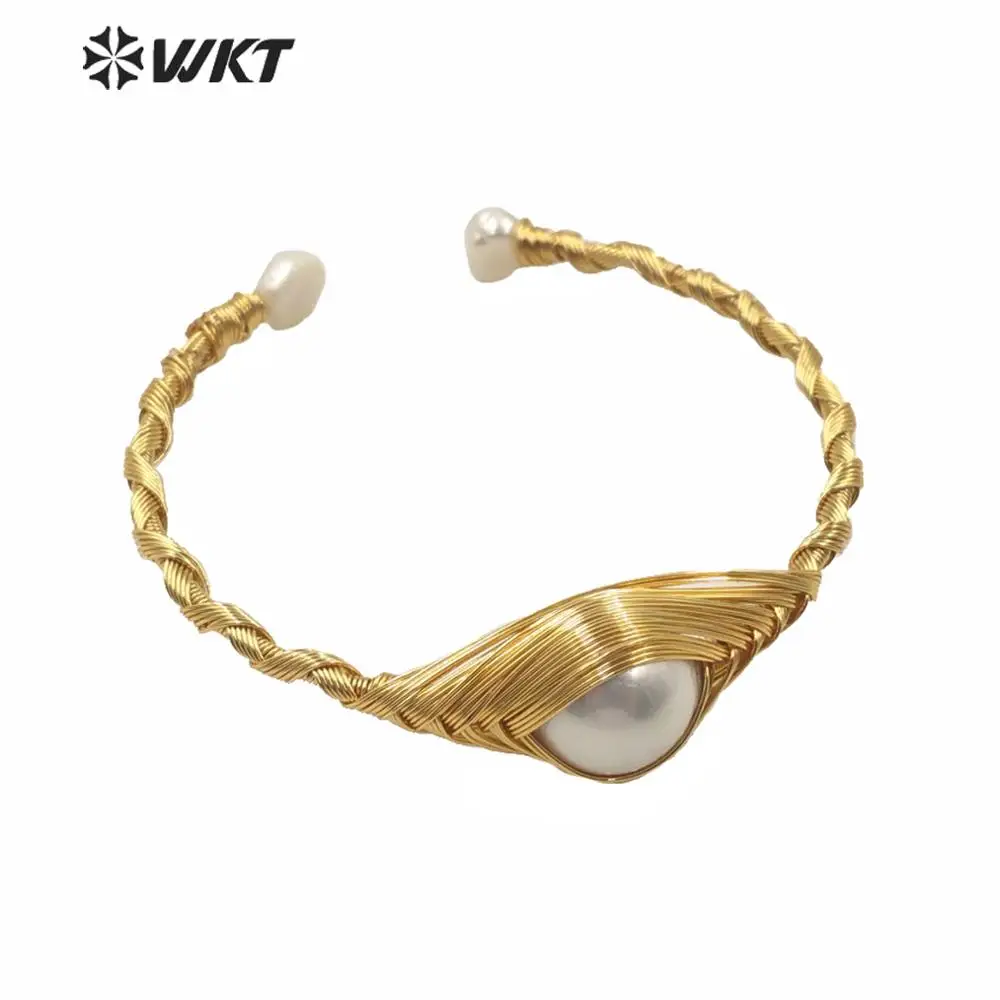 

MPB013 Gergeous White Freshwater Pearl Charm Bangle Gold Eletroplated Handmade Wire Wrapped Boho Pearl Bangle