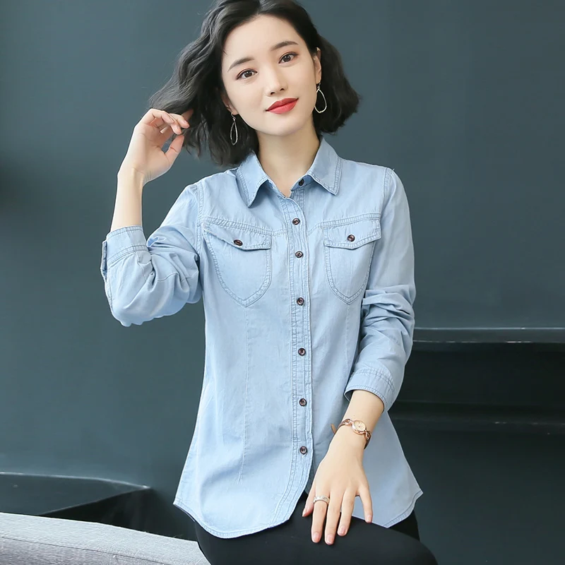 S-3XL Frauen Denim Shirt Frühling Herbst 2024 Neu Zwanglos Retro Lange Ärmel Lose Oberteile Hemden Schlank Baumwolle Bluse Weiblich Blau