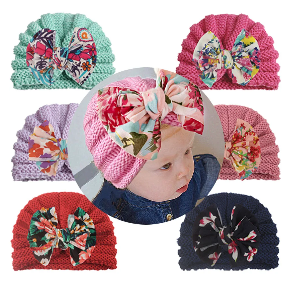 

Cute Soft Kids Hats Solid Bowknot Elastic Turban Hats Autumn Winter New Warm Knitted Caps