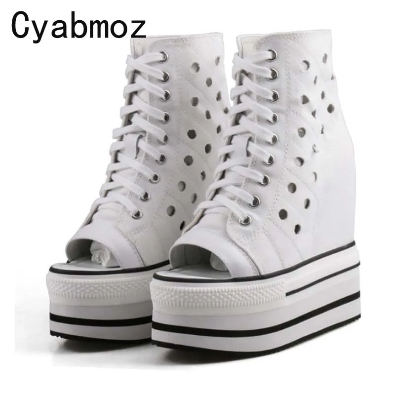 13cm/15cm women summer open toe ultra high heels casual shoes hollow canvas high platfom height increasing shoes