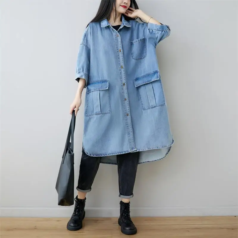 

Female new autumn plus size washed distressed long dress with three-quarter sleeves light-colored loose denim shirt