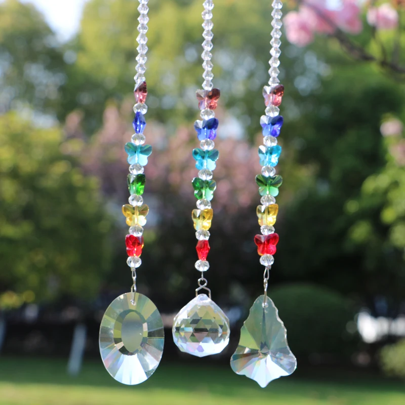 3PCS/Lot 7 Chakra Crystal Butterfly Suncatchers Chandelier Crystals Ball Prism Pendant Rainbow Maker Hanging Garden