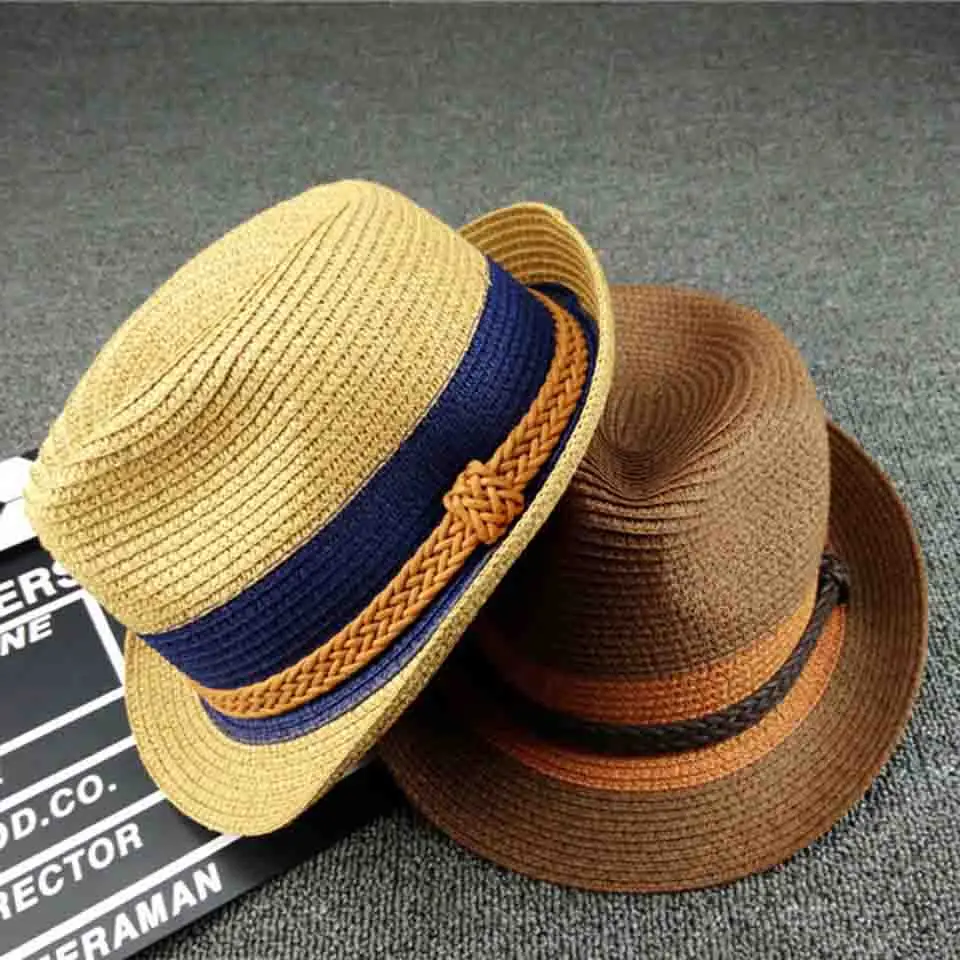 Summer Jazz Straw Hat Men Sun Cap Parent-child Beach Hat Hemp Rope Patchwork Striped Kids\' Straw Hat Mom And Baby Hats for Women