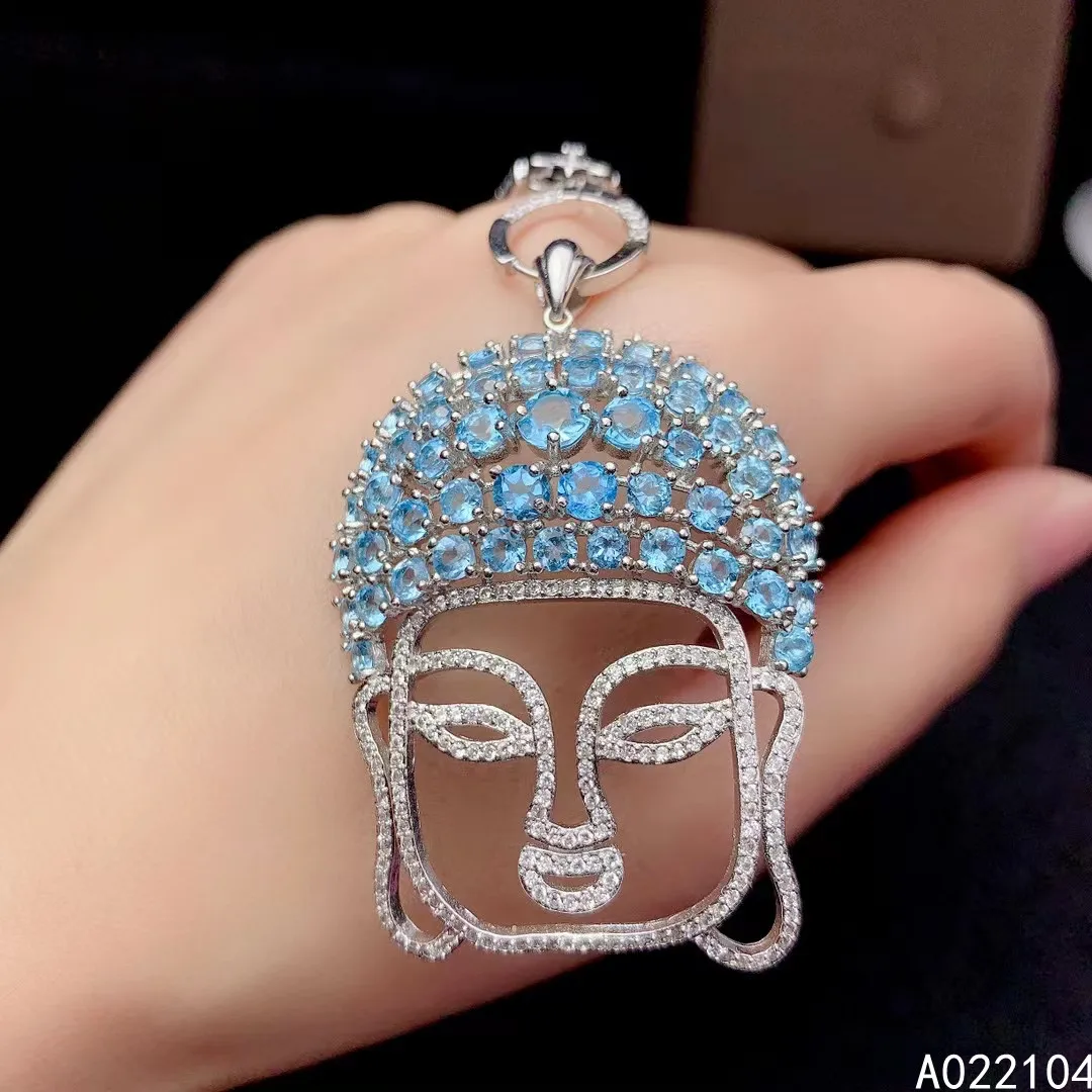 

KJJEAXCMY fine jewelry 925 sterling silver inlaid Natural Swiss blue topaz Women's noble Buddha head gem pendant necklace suppor