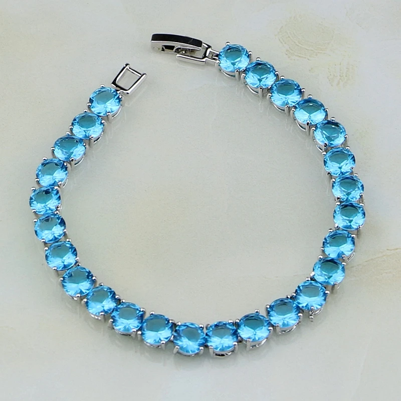 Precious Round Sky Blue Australian Crystal 925 Sterling Silver Chain Link Bracelet Charm Vintage For Women Christmas Gift