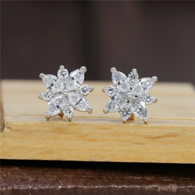 

RandH 18K Solid White Gold Flower Stud Earrings Marquise Moissanite Cluster Earring Set D Color VVS For Girlfriend Gift