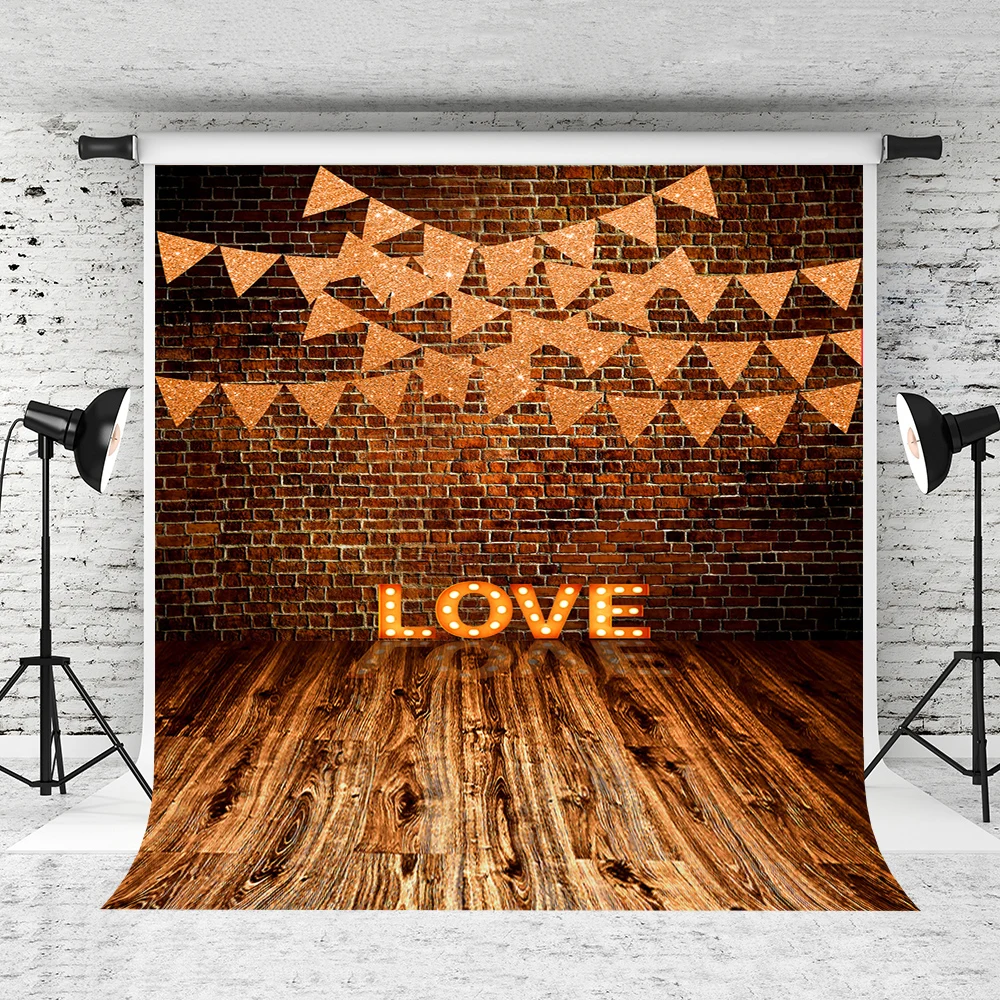 

VinylBDS Wedding Brick Wall Photography Backdrops Valentines Day Love Backgrounds for Photo Studio Backgrounds Photography Wood