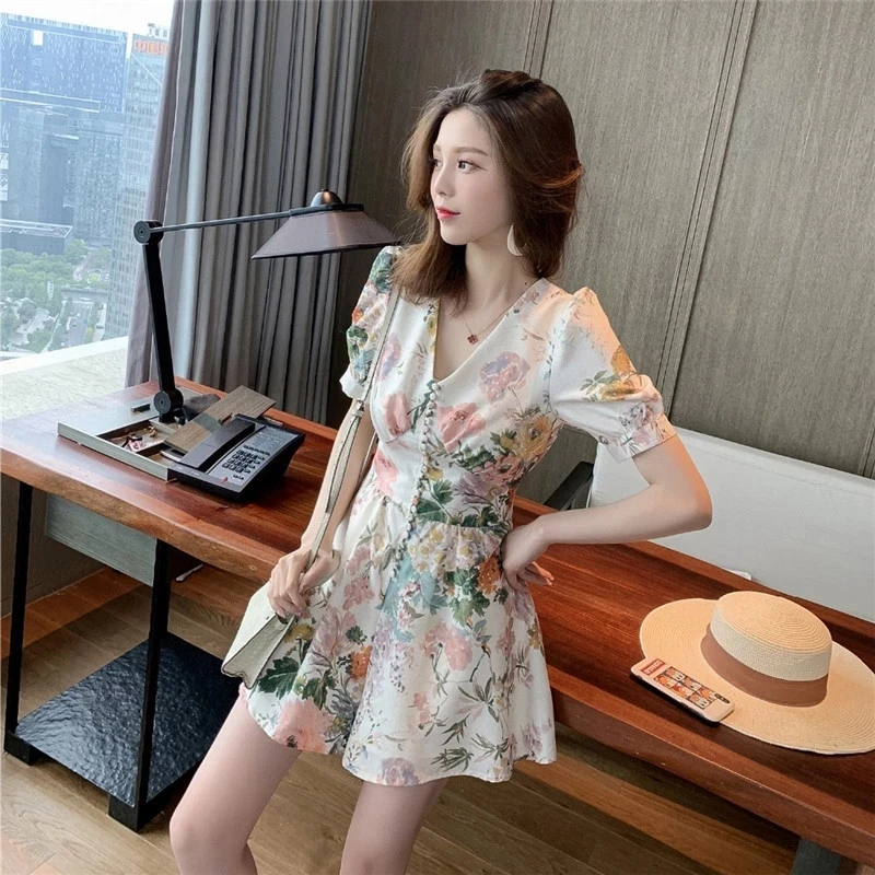 Phụ Nữ Cao Cấp Cổ Chữ V Gợi Cảm In Hoa Mini Jumpsuit Nữ Boho Tay Phồng Áo Liền Quần Playsuit Đường Băng Thiết Kế