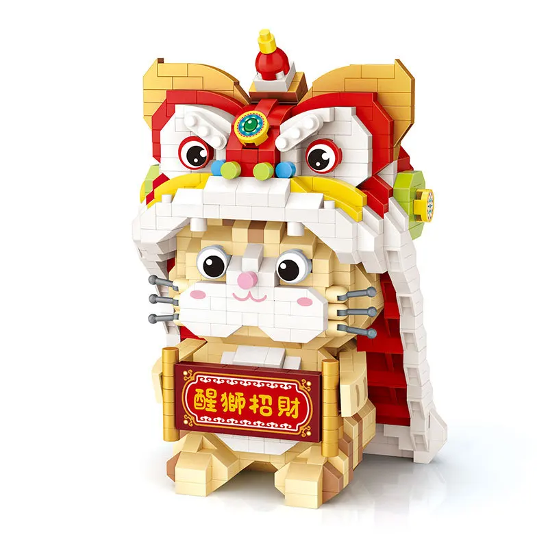 950pcs Mini Building Block Lion Dance Lucky Cat Model Brick Block Chinese Traditional Culture Spring Festival Activity Toy Gift