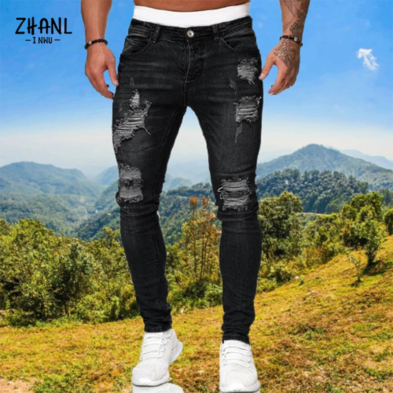 Moda masculina rasgado jeans preto magro ajuste de alta qualidade jeans designer de luxo roupas homem hip hop calças cowboy streetwear