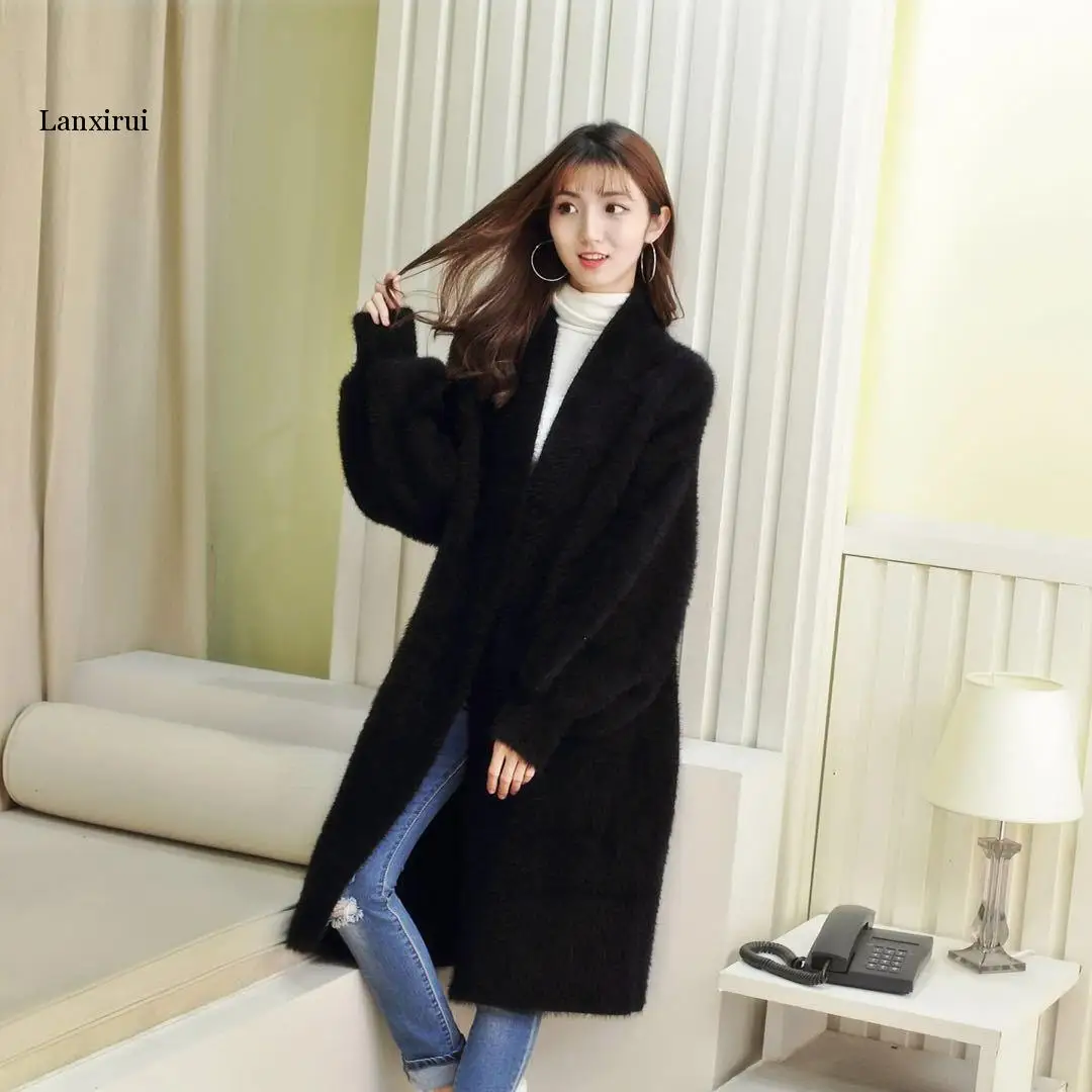 Korean-style Bat Sleeve Large Size Sweater Women's Loose-Fit Elegant Faux Mink Cashmere Solid Color X-long Knitted Cardigan Coat