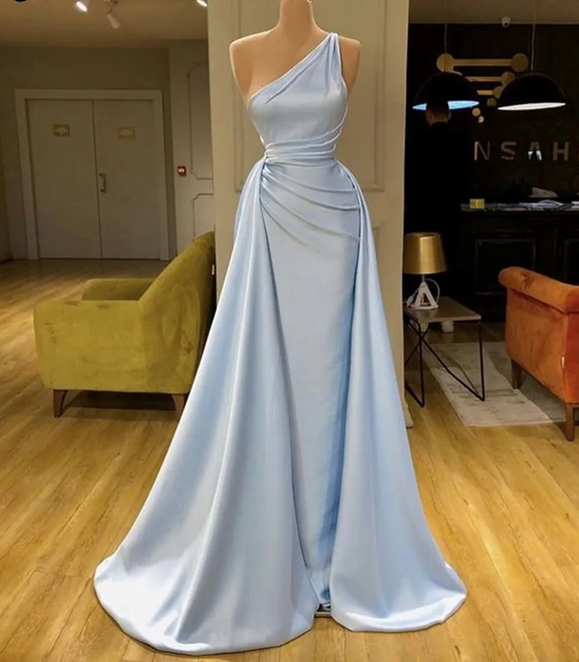 Sky Blue Mermaid arabo Dubai Prom Dresses abiti eleganti donne una spalla raso semplice abito da sera lungo formale 2021