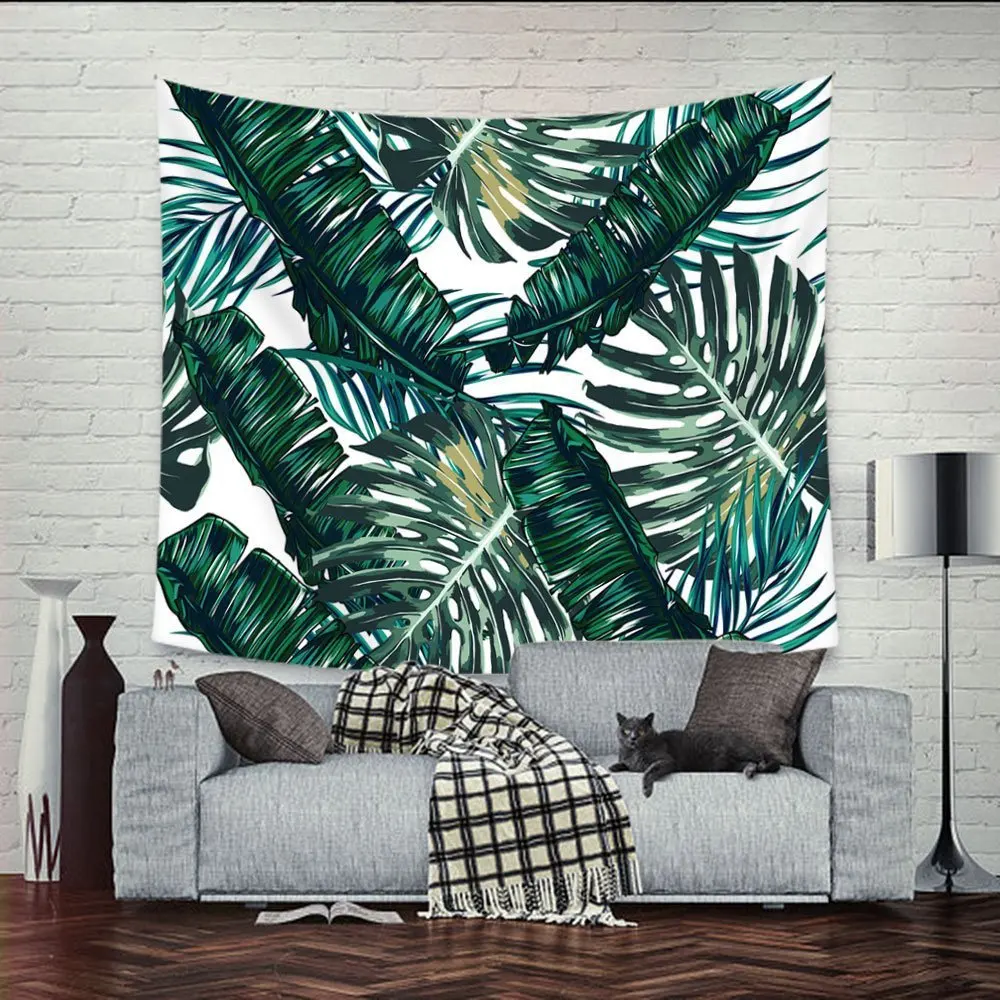 

Tropical Green Plant Tapestry Mandala Wall Hanging Macrame Hippie Witchcraft Tapestry Home Bedroom Fabric Hanging Painting