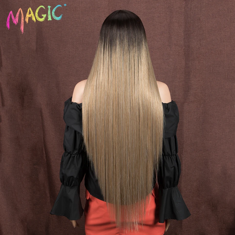 Magic Synthetic 34inches Long Straight Wig With Bangs Ombre Black Brown Wig For Black Women Heat Resistant Daily Use Fake Hair