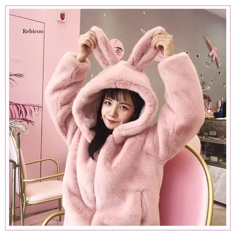 

Women Hoodies Winter Cartoon Coats Harajuku Lolita Pink Overcoat Japenese Style Cute Rabbit Ear Kawaii Warm Thick Velvet Jacket