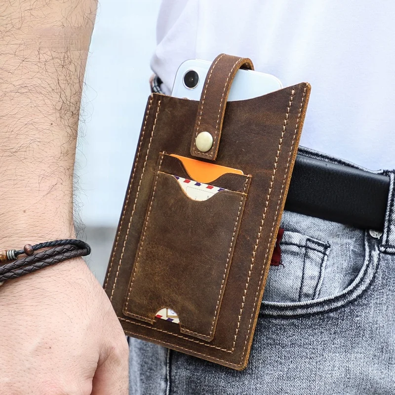 

Retro Crazy Horse Leather European and American Trendy Mobile Phone Bag Leather Large Mobile Phone Waist Bag