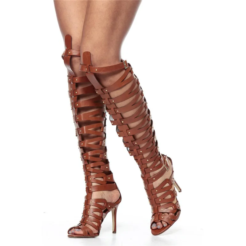 Fashion Women Over the Knee Gladiator Sandals Summer Brown High Heels Casual Dress Shoes Woman Roman Hollow Out Sandals 2020