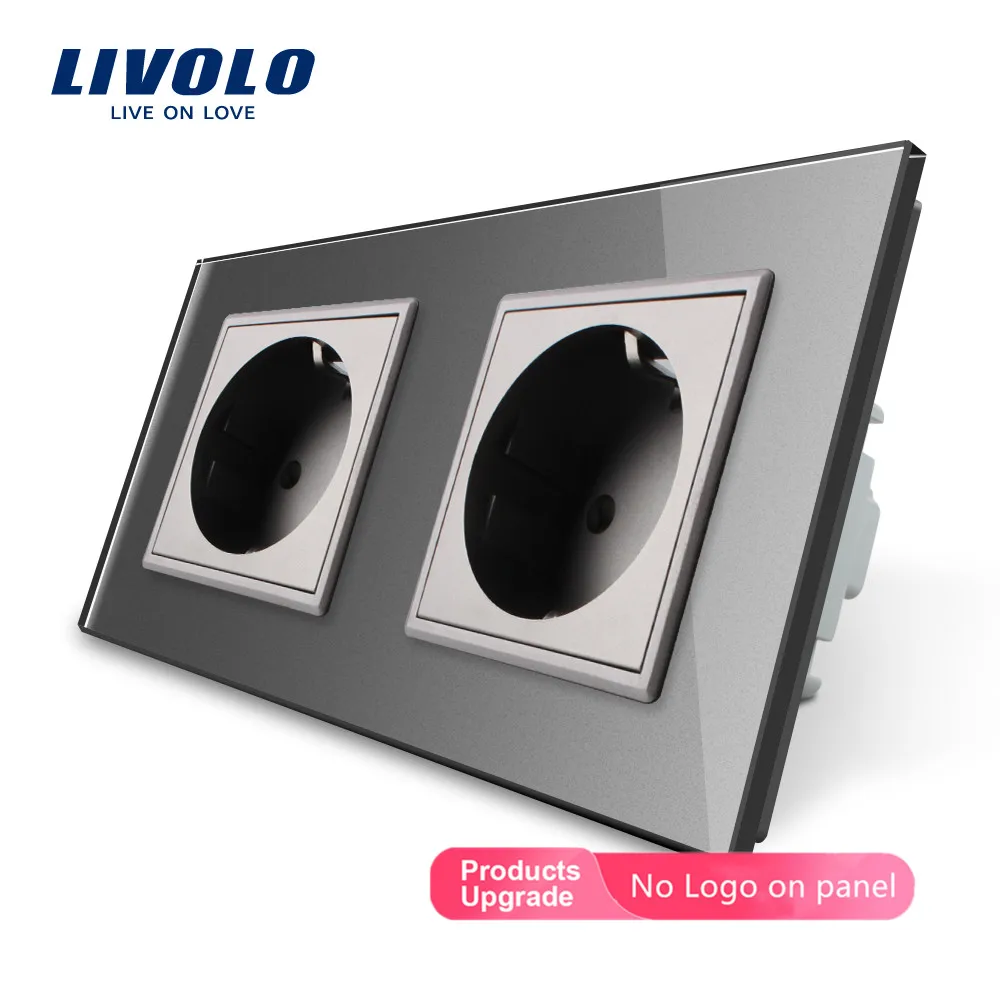 Livolo EU Standard Wall Power Socket, Black Crystal Glass Panel, AC110~250V 16A Wall Outlet VL-C7C2EU-12 for Smart Home