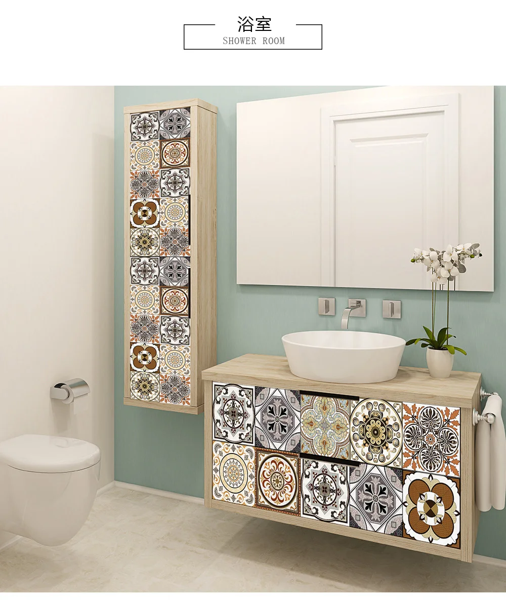10/15/20cm Mandala Style Matte Surface Tile Sticker Peel & Stick Decoration Film For Tiles /Ground in Kitchen Wardrobe Wallpaper