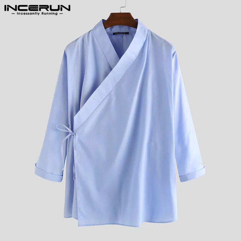 INCERUN-Camisa de estilo chino para hombre, Camisa de manga larga con cuello levantado, Color sólido, Retro, Hanfu, Vintage, con cordones, elegante,