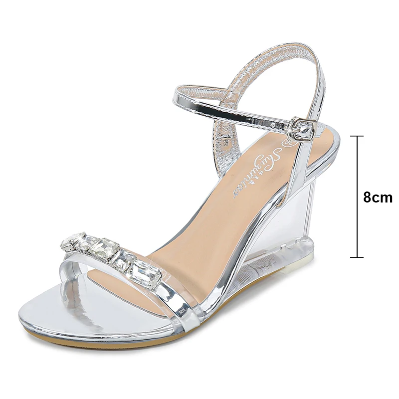 Plus Size 34-43 2020 Summer Rhinestone High Heels Sandals Women Sexy Crystal Heels Shoes Woman Transparent Wedge Sandals WS0125