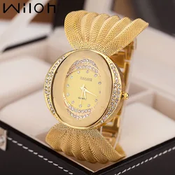 Reloj de banda de malla para mujer, pulsera ovalada de oro, reloj de cuarzo de aleación, relojes de pulsera de diamantes de imitación para mujer