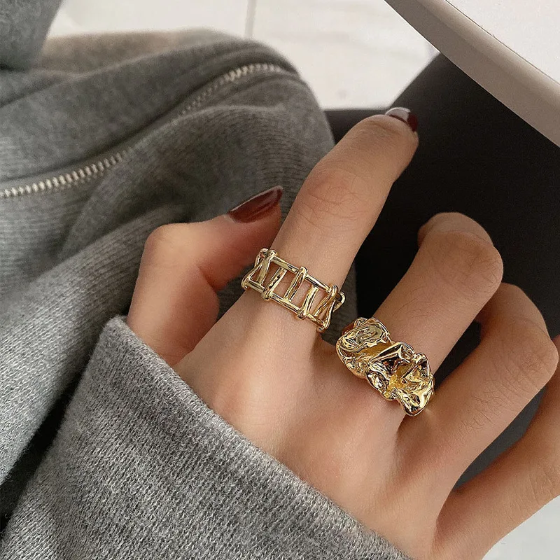 VENTFILLE Sterling Silver Pleated Metal Gold Irregular Rings For Woman Unusual Jewelry Accessories For Halloween Party Girls