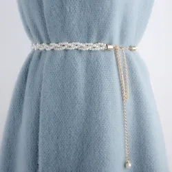 Fashion Metal Pearl Waist Chain Belts For Women Acessories Decorative Dress Ladies Woven Braided Thin Waist Tassel Strap
