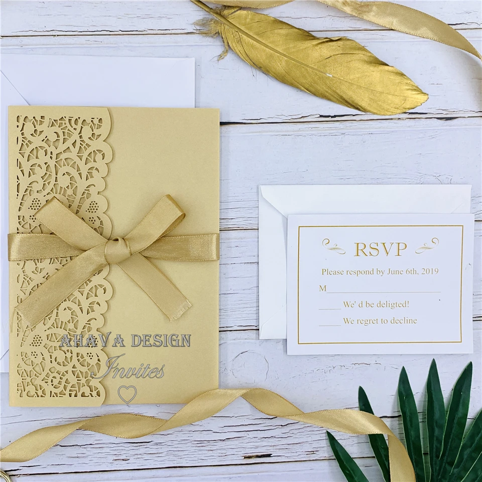 Modern Gold Tri-fold Lace Laser Cut Wedding Invite With Respond Card&Ribbon