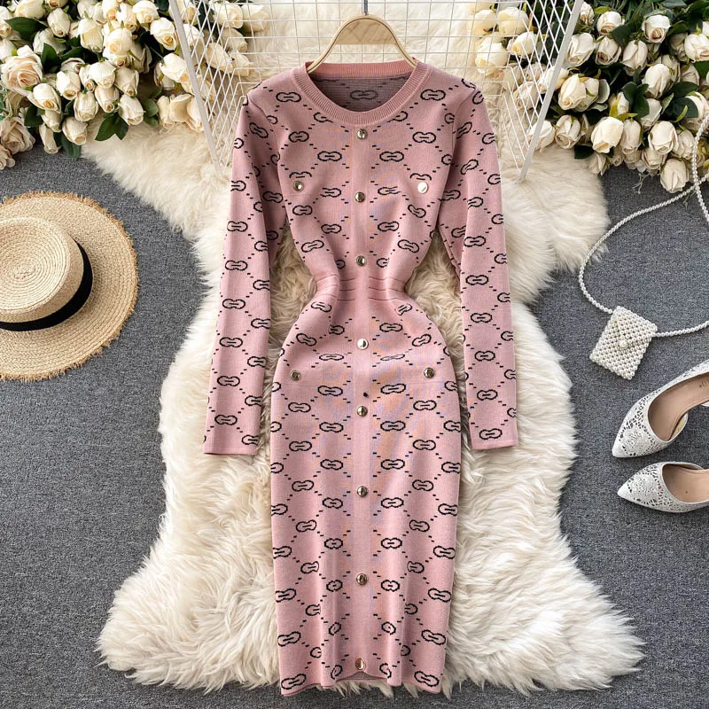 Vintage Print Knitted Sweater Autumn New Robe Female Ladies Style Vestido Mujer Retro Jacquard Bottom Sheath Pullover Dress