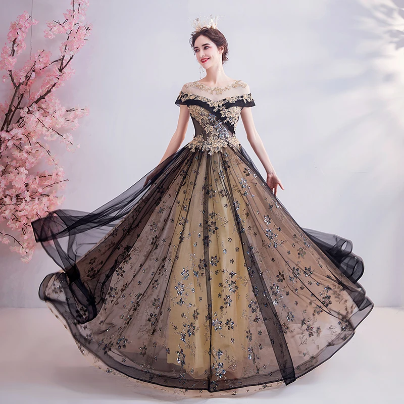 luxury baroque black golden rococo ball gown long dress vintage medieval dress Renaissance princess Victoria dress