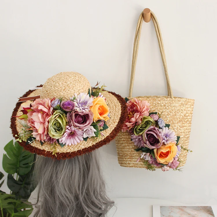 Multicolor Artificial Flowers Rattan Tote Customized Bohemia Style Women Summer Beach Bag and Hat Suit Straw Handbag High-end