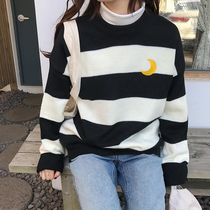 Women\'s Sweaters Kawaii Ulzzang College Wind Candy Contrast Striped Moon Sweater Female Korean Harajuku Clothing For Women