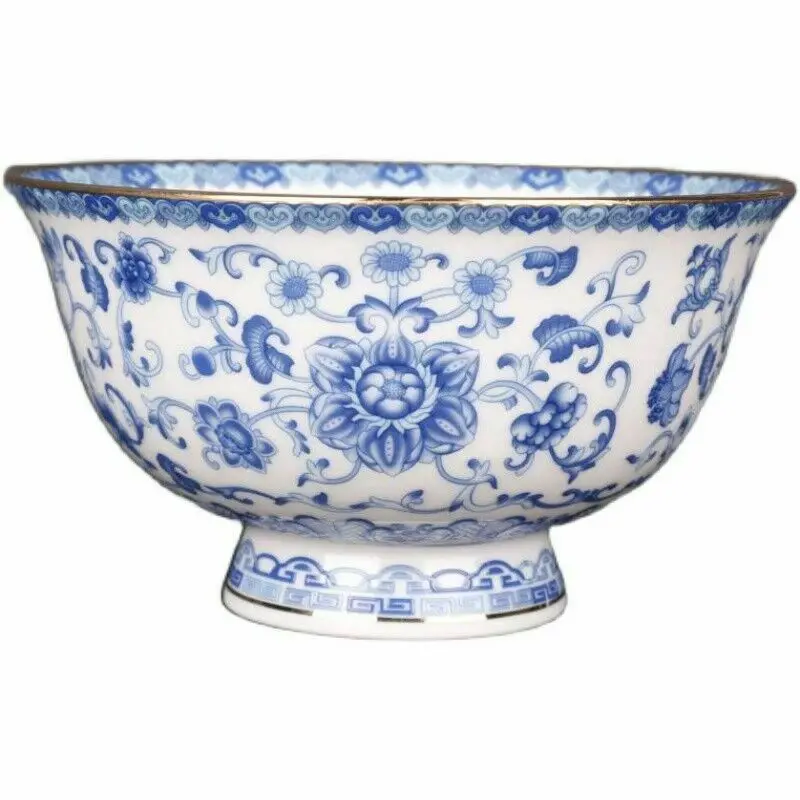 Chinese Blue and White Porcelain Phnom Penh Eight Treasures Auspicious Edged Lotus Design Bowl Crafts Ornaments