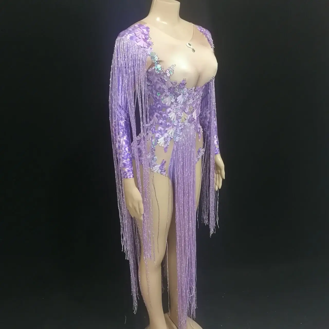 Sparkly Rhinestones Sequins Fringes Purple Bodysuit Shawl Women Nightclub Dance Costume Performance Tights Singer Stage Leotard