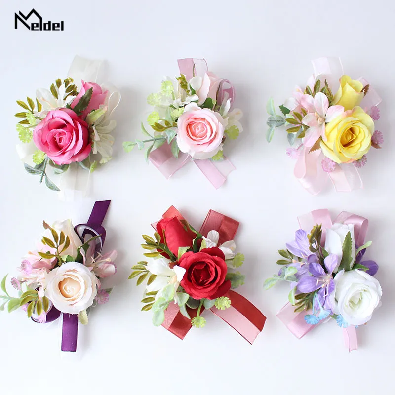 Meldel Silk Flowers Corsage Bracelet Bridesmaids Artificial Flowers Wedding Groom Boutonnieres Wedding Marriage Corsage Brooches