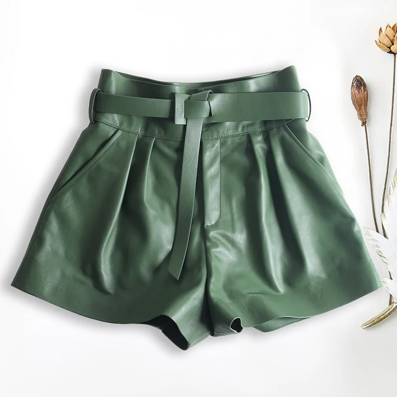 Women Harajuku Genuine Leather Bud Pleated Falbala Shorts With Belt Femme High Waist Hhaki/Green Casual Mujer Sexy Booty Shorts