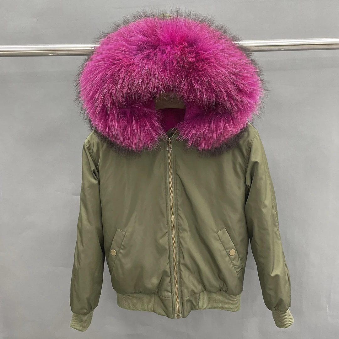 

Jacket Women Green Winter Bomber Jacket With Real Raccoon Fur Collar Streetwear Thick Fur Lined Parka Coat Women Pink Fur