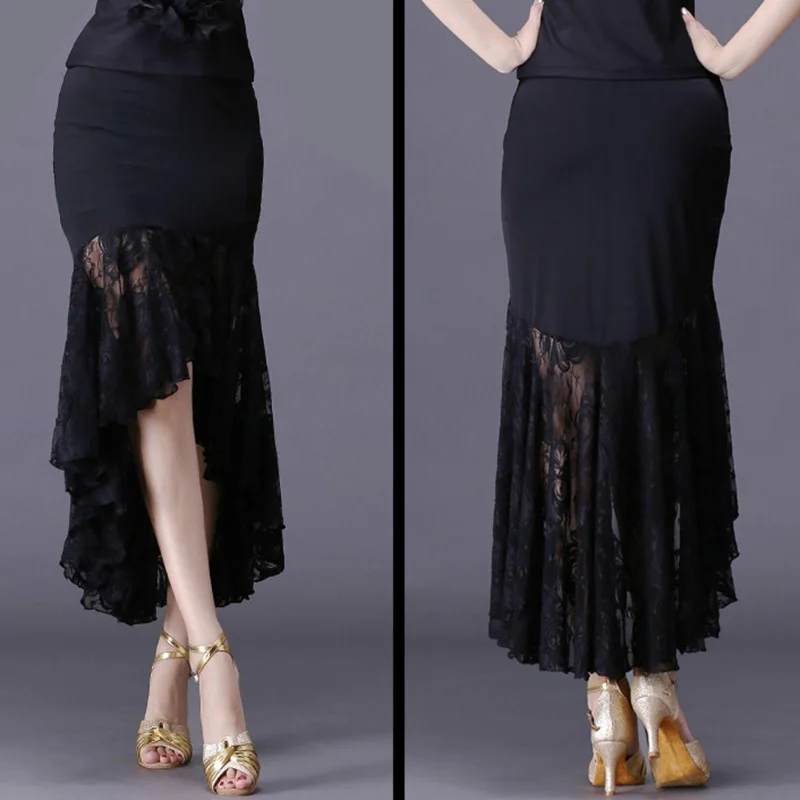 Sexy Latin Dance Skirts Women Black Lace Skirt Irregular Fish Tail Skirt Long Ballroom Dance Dress