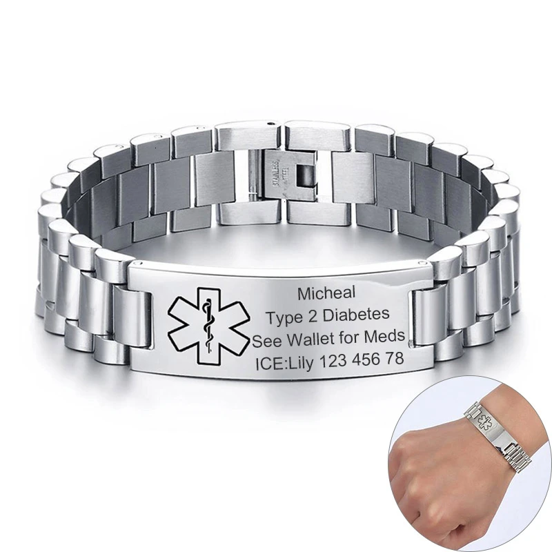 

Engraving Men's Chunky Wide Bracelets,Medical Alert ID Bracelet,Stainless Steel Custom Engrave Name Emergency Contact Info Care