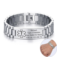 Mens Chunky Medical Alert ID Bracelets Anti Allergy Stainless Steel Male Custom Engrave Name Emergency Contact Info Care Gifts