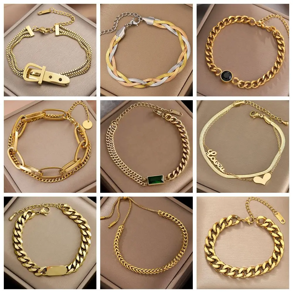 MEYRROYU Stainless Steel Layered Thick Chain Bracelet For Women 2022 Trendy Gold Color Geometric Punk Hip-Hop Jewelry Wholesale