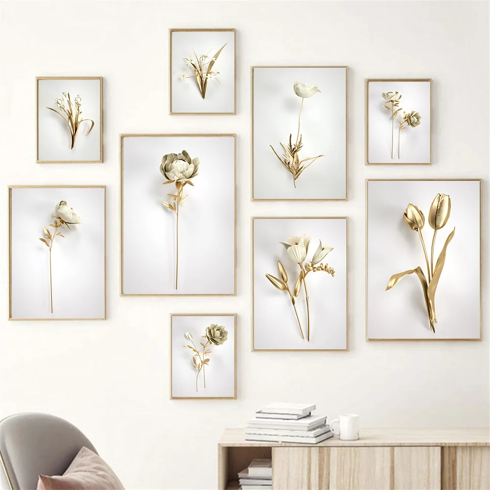 

Luxury Gold Flower Leaves Botanical Poster And Print Peony Tulip Wall Art Canvas Painting Nordic Pictures Living Room Home Decor