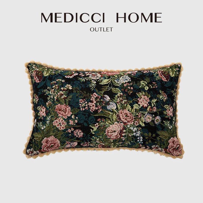 

Medicci Home Accent Pillow Case Fringed Evening Floral Jacquard Fabric Art Chenille Pastoral Style Couch Cushion Cover 30x50cm