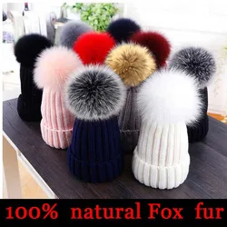 2023 New natural fur pom pom hat fashion winter hat for girl women warm beanies High quality fox fur hat