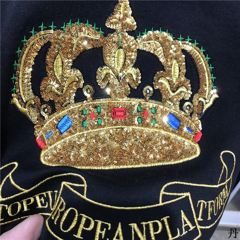 Luxury Gold Black Embroidery Sequin Crown Sweatshirts Men Sudadera Hombre Baroque Club Outwear Sweat Homme Harajuku Sweatshirt